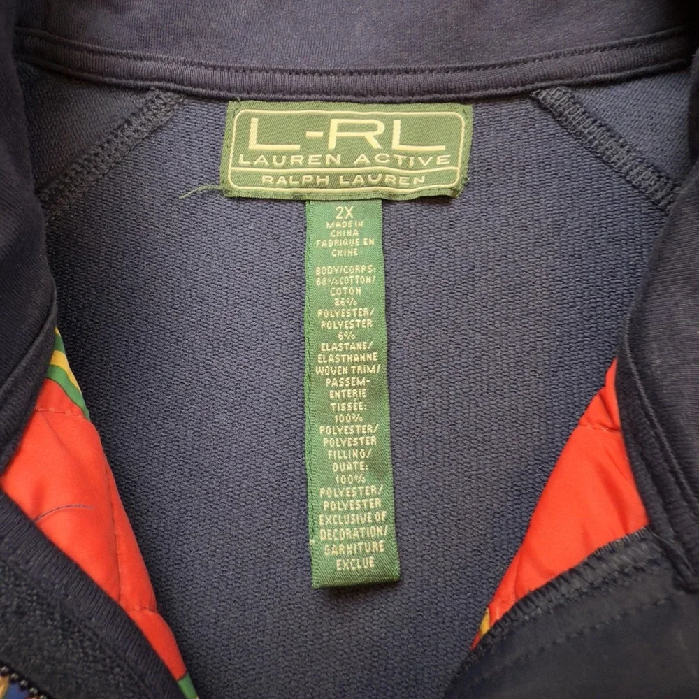 LRL Ralph Lauren Active Equestrian Horse Womens 2X Zip Quilted Jacket Blue Red‎